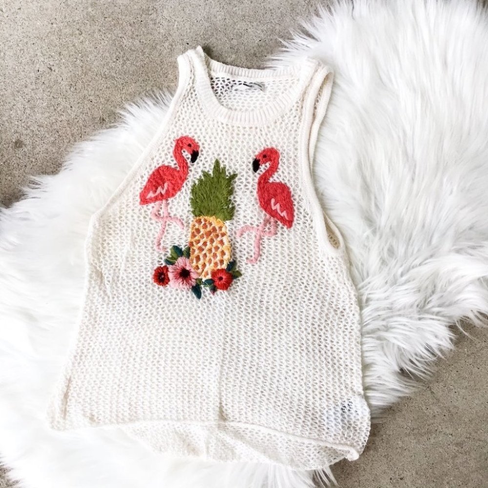 Express Open Knit Flamingo and Pineapple Tropical Embroidered Crochet Tank Top